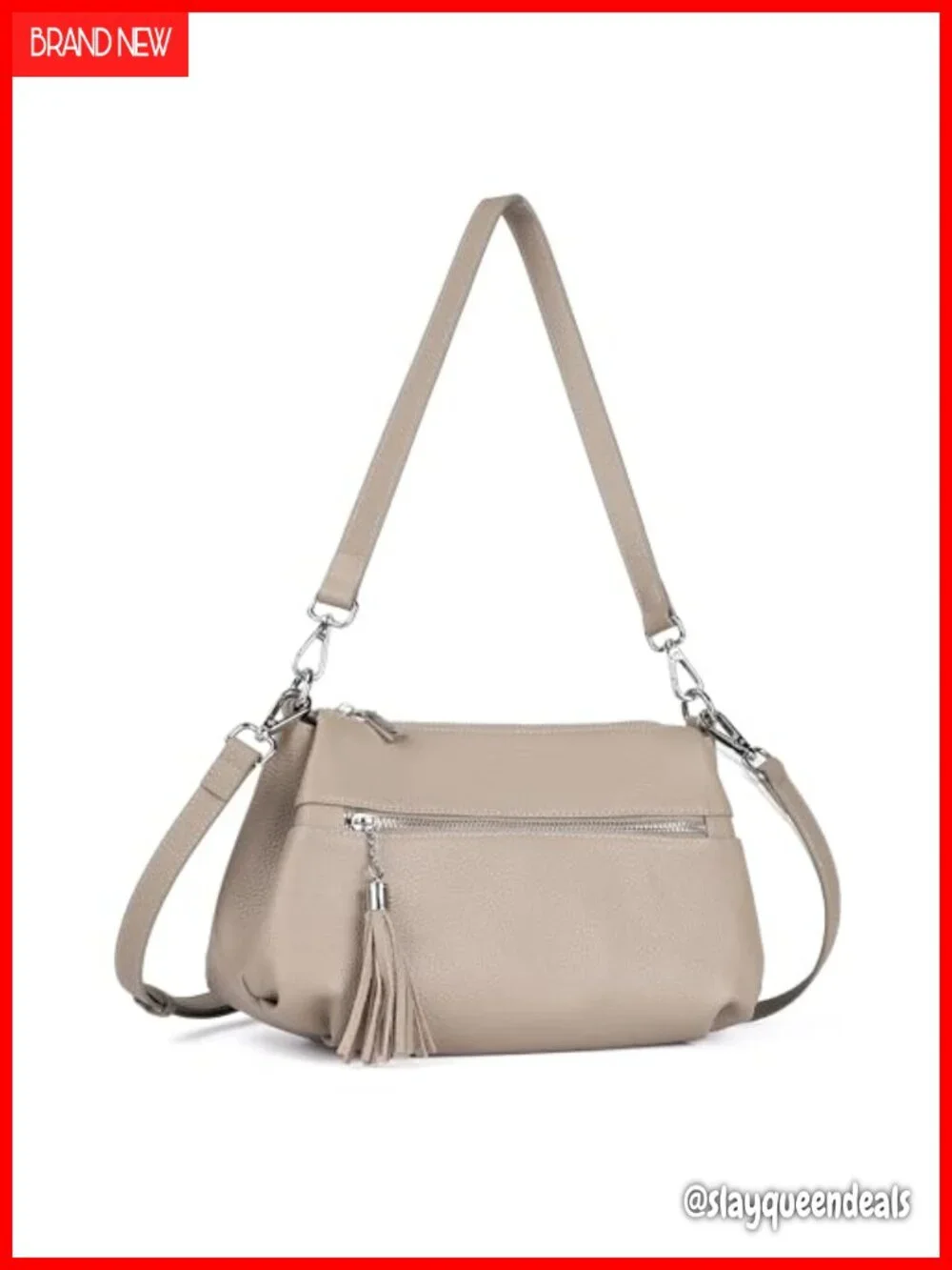 Genuine Leather Crossbody Hobo Bag with 2 Straps, Tassel, 3 Pockets